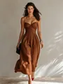 Detailed view of a brown pleated camisole maxi dress with elegant ruched bust detail. - Coffee