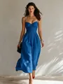 Elegant blue midi cami dress with ruched bodice and flowing skirt design - Sapphire Blue