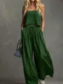 Set casual in cotone e lino verde scuro con canotta e pantaloni larghi fluidi - Verde