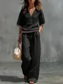 Vista completa de conjunto de lino negro para mujer con cuello en V y pantalón - S / Top Y Pantalón / Negro