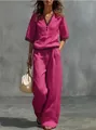 Elegante conjunto de dos piezas de lino rosa para mujer con cuello en V y pantalón ancho - Rosa rojo