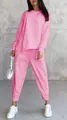 Casual pink two-piece crewneck sweatshirt and pants set with irregular hem details for women - Peach