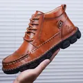 Men's high-top brown leather Martin boots with thick stitched rubber soles and round toe - 38 / Brown