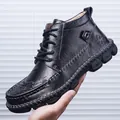 High-quality black leather high-top Martin boots for men with thick stitched soles - 38 / Black (866)