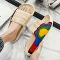 Comfortable beige summer slides featuring a vibrant colorful layered side pattern design - 29 / Beige (BXJ-2025)