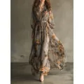 Vintage grey floral print chiffon V-neck long sleeve maxi dress with cinched waist - S / Retro Grey Floral