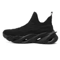 Black breathable fly-knit running shoes with thick wavy perforated sole - 36 / Black