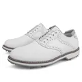 Professional white leather golf shoes with anti-slip spikes and brogue details for men - 40 / White (MDS-K01)