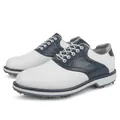 Men's white and navy blue spiked golf shoes with breathable leather and brogue detail. - 40 / Blue (MDS-K01)