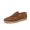 Classic men's brown suede loafers with white stitching and comfortable rubber sole - 38 / Brown