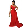 Elegante vestido de fiesta rojo de un solo hombro largo hasta el suelo con drapeado lateral - S / Tops / Rojo
