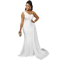 Elegante vestido de fiesta blanco de un hombro largo hasta el suelo con detalles fruncidos - Blanco