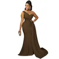 Vestido de noche largo elegante marrón con un hombro sin mangas - S / Tops / Marrón