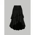 Elegante falda midi negra de cintura alta con volantes escalonados y dobladillo asimétrico. - S / Bottoms / Negro