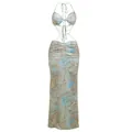 Abito lungo sexy senza maniche con scollo all'americana e stampa astratta blu marmorizzata - Taglia S / Vestiti / Verde