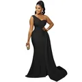 Elegante vestido de fiesta largo ajustado negro de un hombro para eventos y celebraciones - S / Tops / Negro