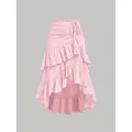 Elegante falda midi rosa claro de cintura alta con volantes y dobladillo asimétrico. - S / Bottoms / Rosa