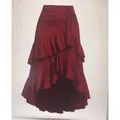 Elegante falda midi de cintura alta rojo vino con volantes y dobladillo asimétrico - S / Bottoms / Burdeos