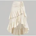 Elegante falda beige de talle alto con volantes escalonados y un elegante cordón fruncido - Albaricoque