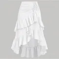 Elegante falda blanca de cintura alta con volantes escalonados y dobladillo asimétrico - Blanco