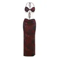 Sexy red leopard print halter maxi dress with ruched skirt and waist chains for summer - Red