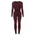 Sexy burgundy cowl neck long sleeve jumpsuit with waist-hugging slim fit design - S / Jumpsuits / Burgundy