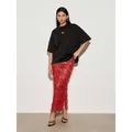 Elegante gonna lunga rossa con paillettes e frange con t-shirt nera oversize - Taglia S / Pantaloni e gonne / Rosso