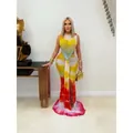 Sexy sleeveless bodycon maxi dress with colorful tie-dye gradient and waist ring - S / Dresses / Yellow