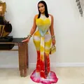 Sexy sleeveless tie-dye sunset print maxi dress with gold waist ring and side slit - S / Dresses / Yellow