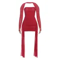 Elegante completo rosso in rete arricciata con mini abito e maniche con asola dito - Taglia S / Top E Pantaloni / Rosso