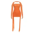Robe courte sexy en maille plissée orange avec col licou et manches longues à passe-pouce - S / Haut Et Bas / Orange