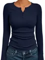 Close-up of navy blue ribbed long sleeve Henley top for women with buttons detail - Navy Blue