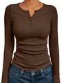 Detail of women's ribbed long sleeve Henley shirt in chocolate brown with button neckline. - Brown