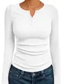 Front detail view of a white slim fit ribbed long-sleeve Henley top with buttons - S / Tops / White