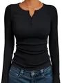 Close-up of women's slim fit black ribbed long-sleeve Henley top showing button detail. - S / Tops / Black