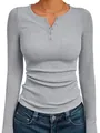 Detail view of grey slim fit ribbed Henley long sleeve T-shirt for women in fall style - Light Gray