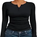 Women's slim fit long sleeve ribbed Henley T-shirt in classic black color for autumn - M / Tops / Black