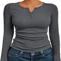 Women's slim fit dark grey long sleeve Henley neck T-shirt with soft ribbed fabric - S / Tops / Dark Gray