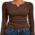 Casual women's slim fit long sleeve ribbed Henley top in a deep brown coffee color finish - S / Tops / Brown