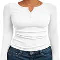 Elegant slim fit white ribbed Henley shirt for women with long sleeves and buttons. - S / Tops / White