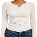 Slim fit long sleeve white ribbed Henley shirt for women with elegant button details - Off White
