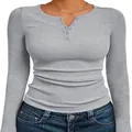 Women's slim fit grey ribbed long sleeve henley neck basic tee shirt for autumn - Light Gray