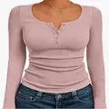 Elegant pink long-sleeve slim fit Henley neck ribbed T-shirt for women's autumn fashion - Pink