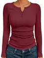 Elegant women's slim fit long sleeve ribbed Henley T-shirt in deep burgundy red wine - Burgundy