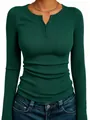 Elegant dark green slim fit ribbed long sleeve Henley collar top for women autumn fashion - Dark Green