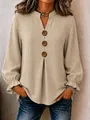 Beige long-sleeved V-neck blouse with decorative wooden buttons and ruffled cuffs. - S / Tops / Khaki