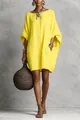 Abito midi retrò bohémien in cotone e lino giallo con maniche larghe e tasche - Giallo