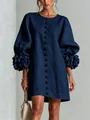 Französisches Marineblau-Kleid aus Baumwolle und Leinen mit 3D-Blumenärmeln - XS / Kleider / Dunkelblau