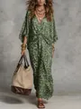 Elegante groene maxi-jurk met luipaardprint, V-hals, geknoopte taille en goudkleur - S / Top And Bottom / Groen