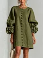 Elegantes olivgrünes Baumwoll-Leinen-Kleid mit 3D-Blumen-Laternenärmeln und Rundhals - XS / Kleider / Olivgrün